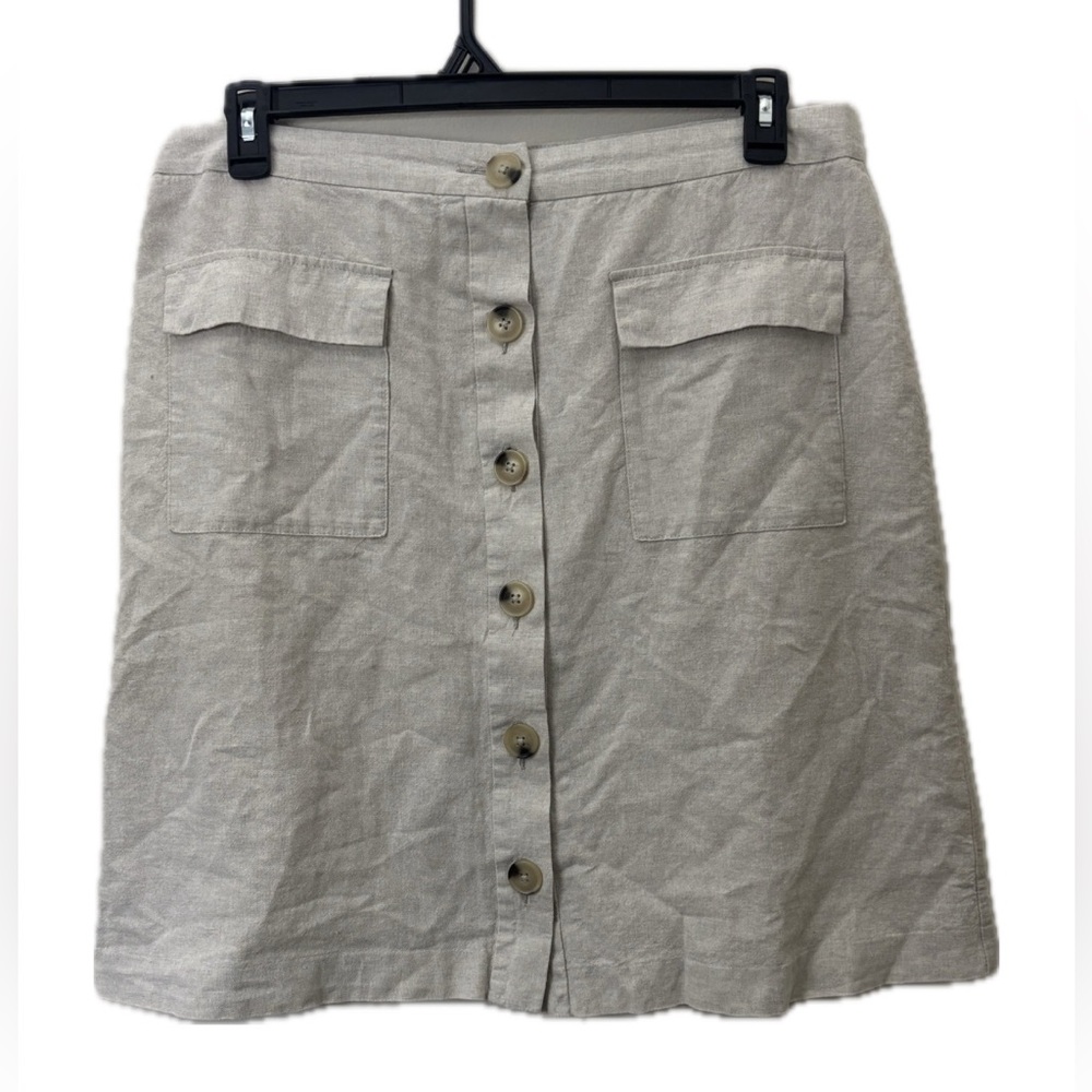 Liz Claiborne Linen Blend Button Front Skirt Beige Pockets Casual Summer Skirt